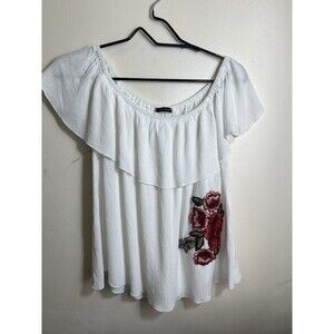 Staccato Shirt Womens Small White Ruffled Floral Embroidered Boho Tunic Blouse